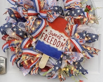 Pre-lit Patriotic Wreath, Red White Blue Popsicle Independence Day Decor, Americana Door Hanger Lights