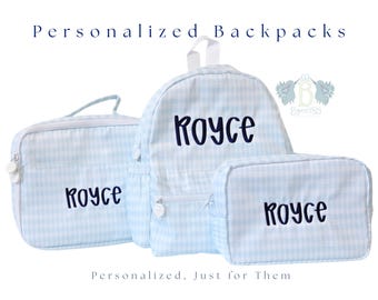 Personalized Blue Gingham Backpack, Embroidered Name Toddler Bookbag, Wipeable Nylon School Bag