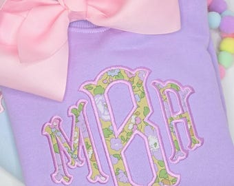Personalized Girl Sweatshirt, Custom Name Applique Monogram, Liberty Fabric Set