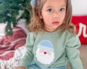 Sage Green Santa Sweatshirt and Ruffle Leggings Set, Personalized Holiday Outfit