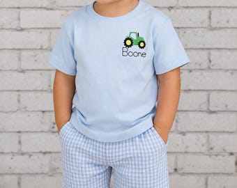 Tractor and Farm Tractor Outfit for Boys, Monogram Toddler Shirt, Farm Birthday Outfit, Baby Boy Tractor Shirt, Gingham Shorts Set