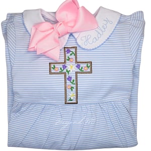 Baby Blue Easter Floral Cross Cotton Knit Outfits with Peter Pan Collar | Easter outfit | Girls Easter Dress | Baby Toddler Girl