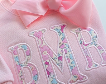 Personalized Girl Sweatshirt, Custom Name Applique, Liberty Fabric Monogram