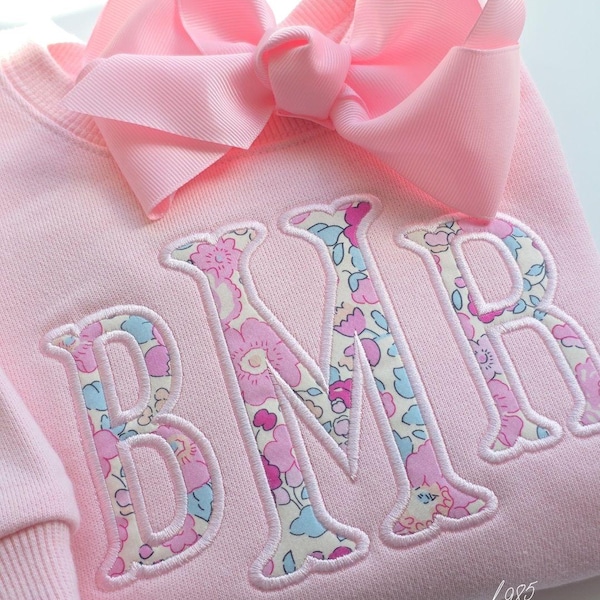 Personalized Girl Sweatshirt, Custom Name Applique, Liberty Fabric Monogram