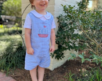 Personalized Blue Gingham Jon Jon, Sailboat Embroidery, Classic Boy Outfit