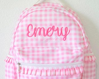 Personalized Gingham Backpack, Embroidered Name Toddler School Bag, Wipeable Nylon Bookbag