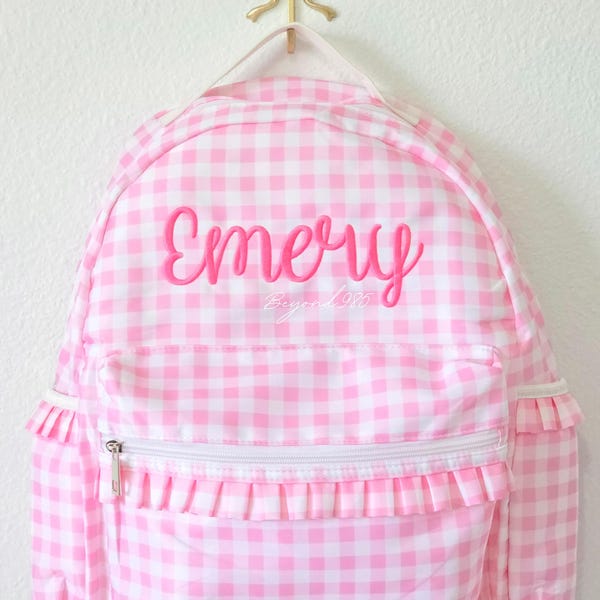 Personalized Gingham Backpack, Embroidered Name Toddler School Bag, Wipeable Nylon Bookbag