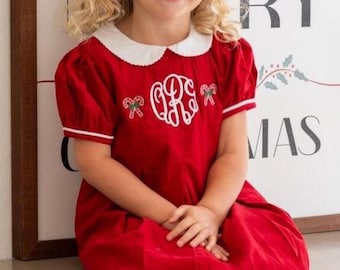 Personalized Red Corduroy Christmas Dress, Monogram Peter Pan Collar Heirloom Outfit