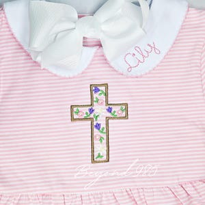 Pink Easter Floral Cross Cotton Knit Outfits with Peter Pan Collar | Easter outfit | Girls Easter Dress | Baby Toddler Girl
