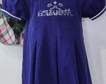 Girl's Nativity Christmas Dress, Heirloom Smocked Style Holiday Outfit, Toddler Boutique Blue Corduroy