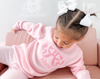 Monogrammed Knit Baby Sweater: Pink Cotton Roll Neck with Embroidered Bow