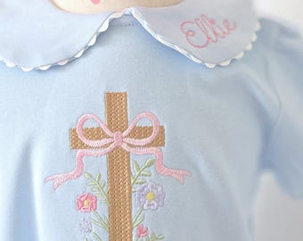 Girls Easter Dress with Cross Embroidery | Personalized Baptism Outfit, Spring Heirloom Dress