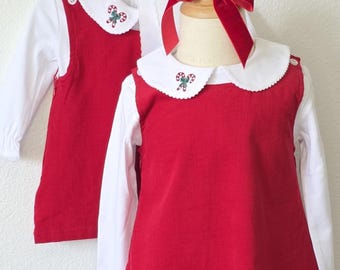 Girls Red Corduroy Christmas Dress, Candy Cane Collar, Toddler Holiday Outfit