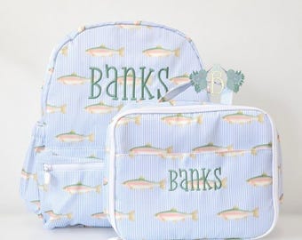 Personalized Gone Fishing Backpack, Embroidered Name Toddler Bookbag, Wipeable Nylon Bag