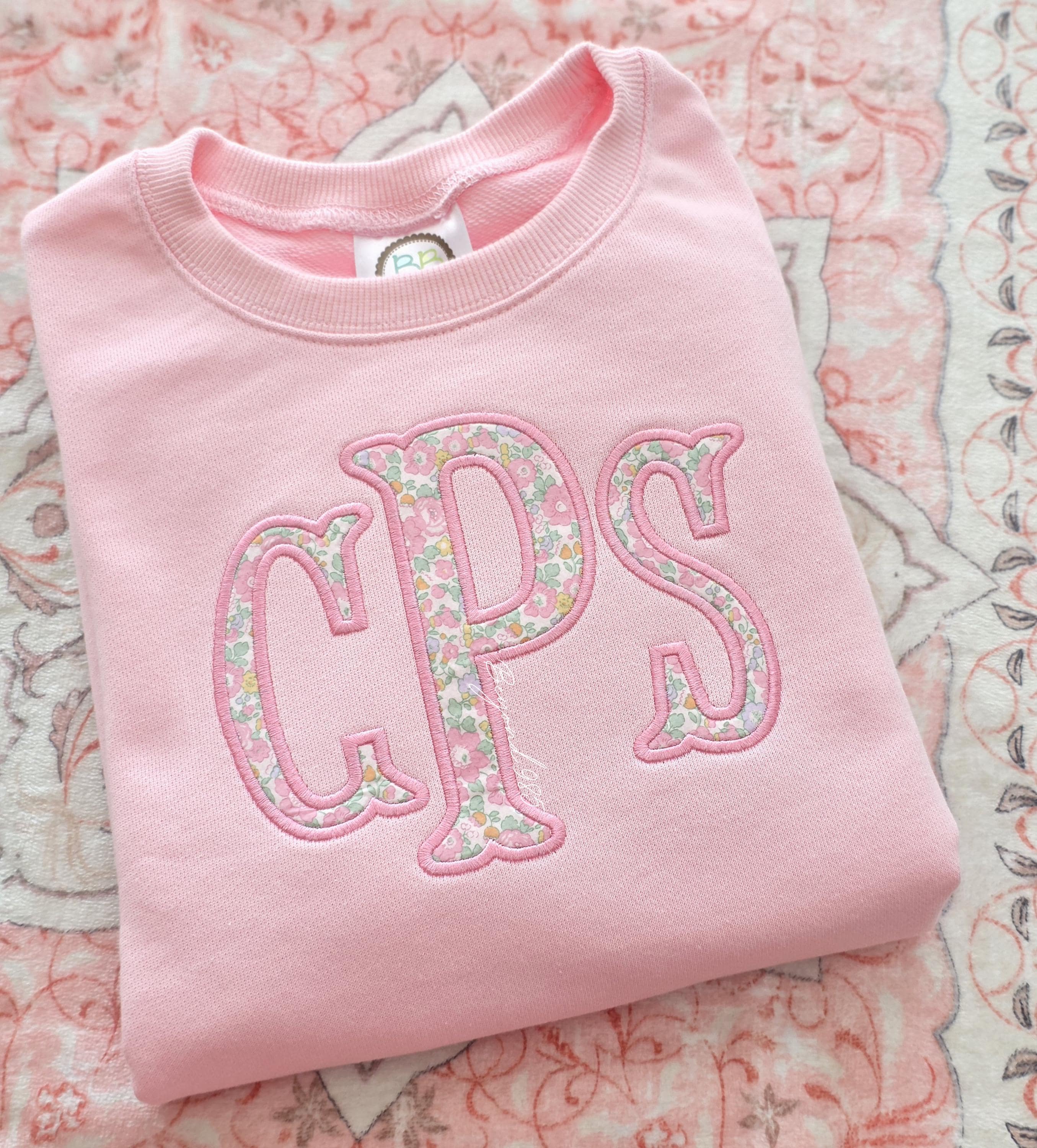 CHRISTMAS Grandmillennial Monogrammed Girls Embroidered Sweatshirts | Liberty Of London Fabric Applique Monogram