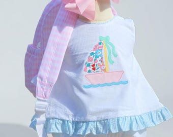 Girls Sailboat Outfit, Nautical Seersucker Toddler Set, Coastal Summer Baby Clothes