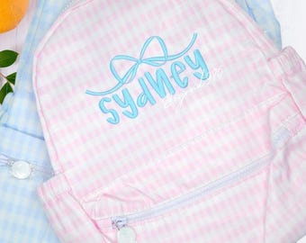 Personalized Gingham Backpack, Embroidered Name Toddler Bookbag, Wipeable Nylon School Bag