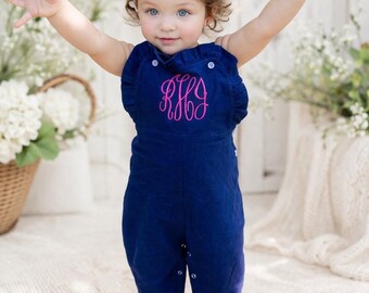 Navy Corduroy Baby Romper, Custom Monogram Outfit, Ruffled Heirloom Clothes