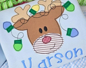 Personalized Reindeer Toddler Sweatshirt, Boys Christmas Lights Applique Outfit
