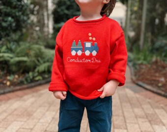 Personalized Boys Christmas Train Sweater, Custom Name Toddler Holiday Outfit