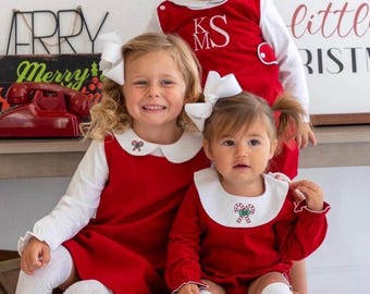 Baby Girl Red Corduroy Bishop Bubble, Candy Cane Collar Christmas Outfit
