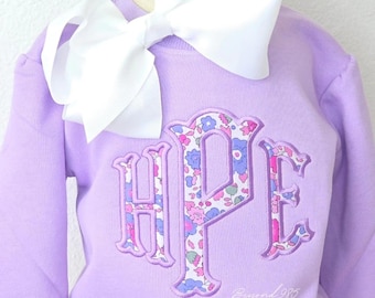 Personalized Girl Sweatshirt, Custom Name Applique, Liberty Fabric Monogram, Embroidered Name Set