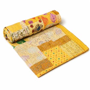 Yellow Handmade Patchwork Kantha Quilt | Cotton Bedspread with Floral Block Print