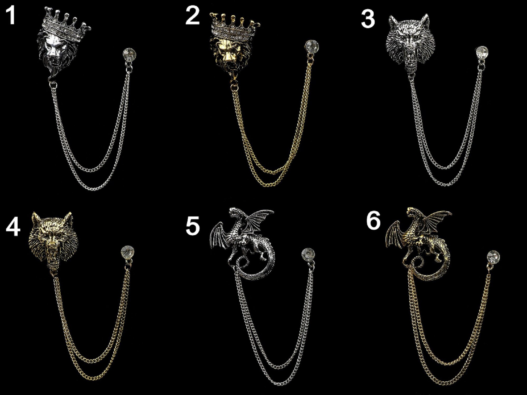 KratiSupplies Men's Gentleman Tassel Brooch for Men Suit Shirt Collar Chain Lapel Pin Lion Dragon Deer Retro Wedding Dinner Accessories