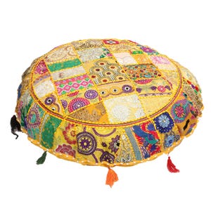 80 cm kuddfodral i Khambadia • Rund puff i lapptäcke, broderad indisk kudde