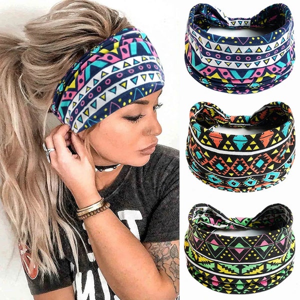 Bandeaux larges imprimés bohèmes fleurs noeud vintage turban élastique turban pour femmes filles coton Bandana doux accessoires pour cheveux