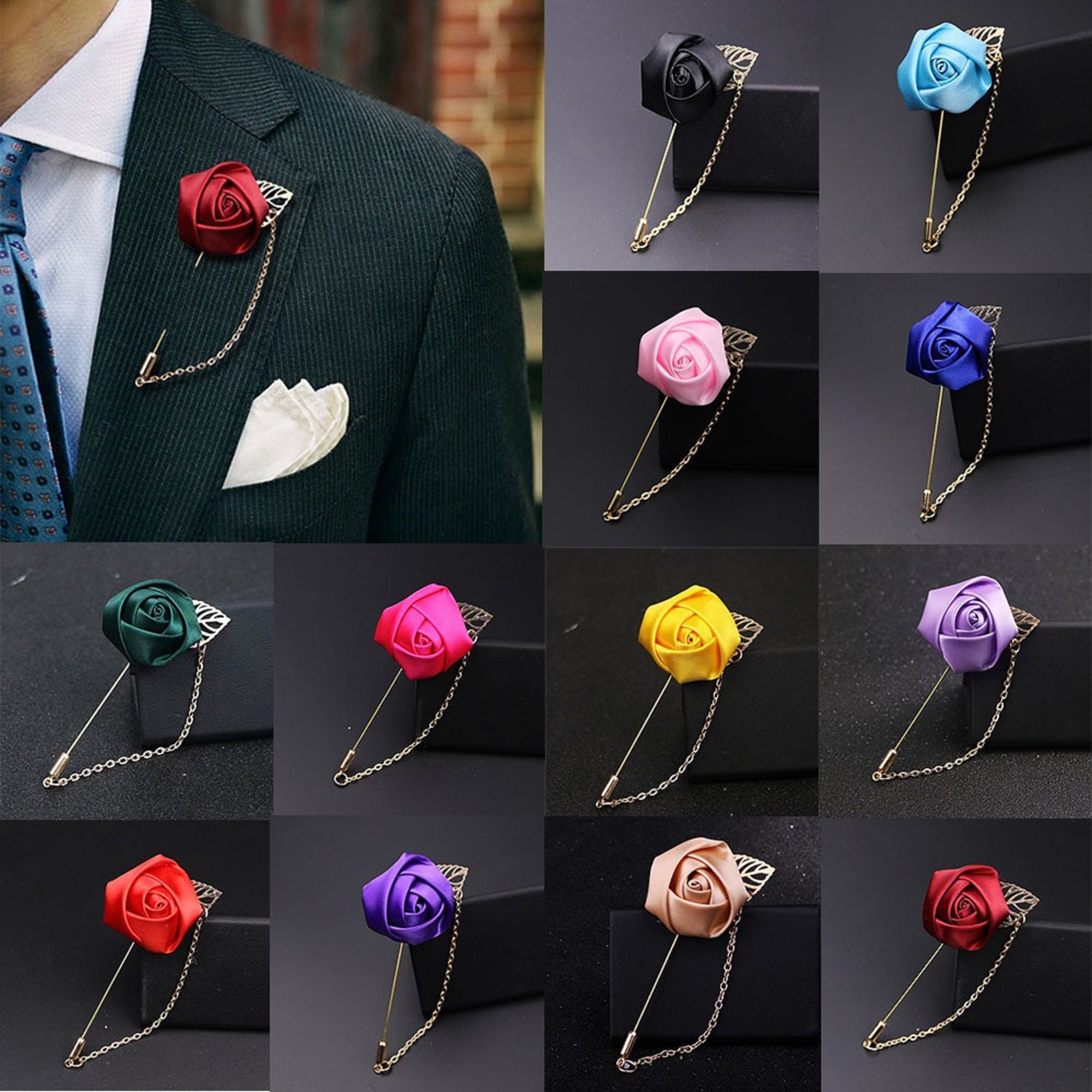 Men Cloth Rose Flower With Gold Leaf Brooch. Rose Floral Lapel Stick  Handmade Boutonniere Pins For Suit,lapel Pin Wedding Brooch
