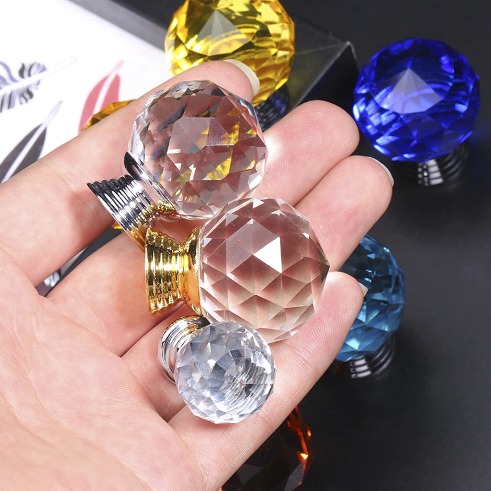 24Pcs Crystal Dresser Knobs Diamond Shape Pull Handles for Cabinet Cupboard 30mm