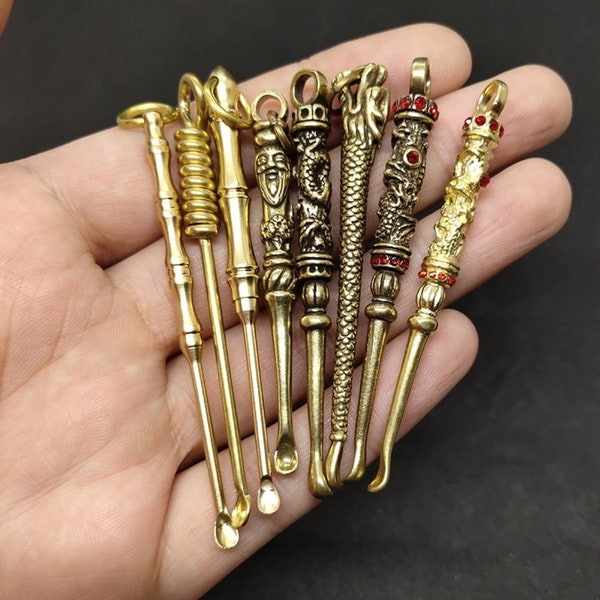 Vintage Brass Mini Spoon Shovel Medicine Spoon Wax Tool Ear Cleanning Tool Charm dangles KeyChain/Necklace Accessories Pendant