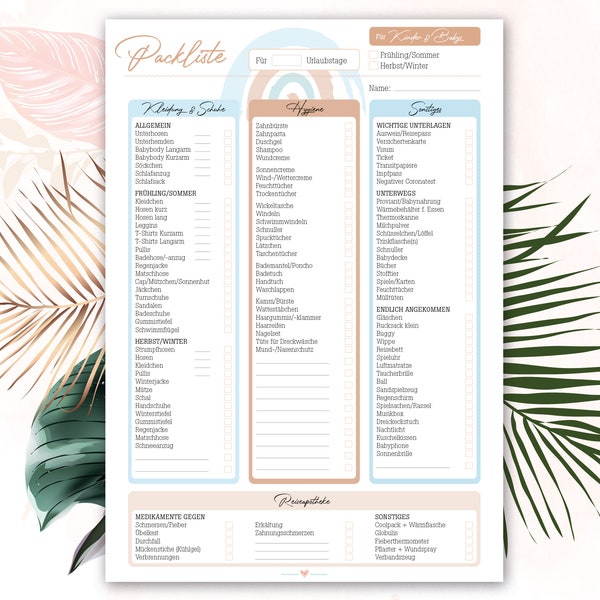 Urlaubspackliste für Kinder & Babys zum Editieren und ausdrucken: SOFORTIGER DOWNLOAD. Checkliste in Babyblue