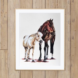 May include: A watercolor painting of two horses standing side by side. The horse on the left is a light brown color and the horse on the right is a dark brown color.