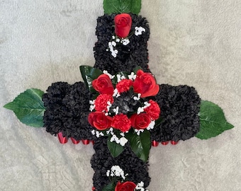 CROSS black and red funeral memorial tribute artificial flowers silk flower casket wreathwith a cluster of flowers