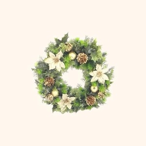 May include: A Christmas wreath with green foliage, white poinsettias, gold baubles, and pine cones. The wreath is circular and has a full, lush appearance, ideal for festive holiday decorations.