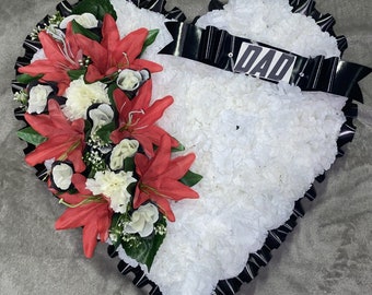 BLACK RED and WHITE heart funeral memorial tribute artificial flowers silk flower casket topper wreath