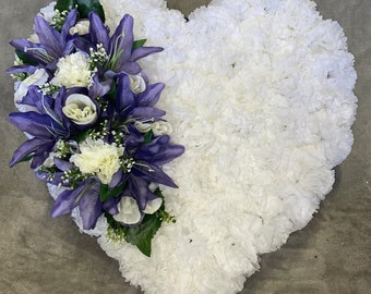 PURPLE and or  WHITE heart funeral memorial tribute artificial flowers silk flower casket topper wreath mum sister daughter nan aunty nanny