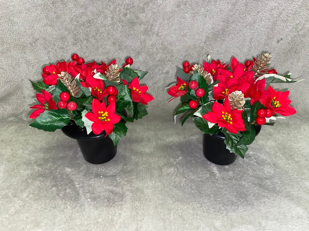 2 Christmas Grave Pots With Xmas Flowers Poinsettia, Pine Cones Holly