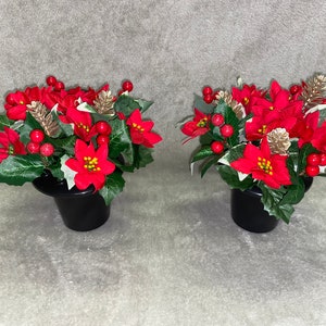 2 Christmas grave pots with Xmas flowers poinsettia, pine cones holly and berry leaves silk artificial flower red white