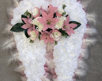 Angel wings funeral with Feathers memorial tribute artificial flowers silk flower casket topper son daughter sister brother POPS MUM DAD