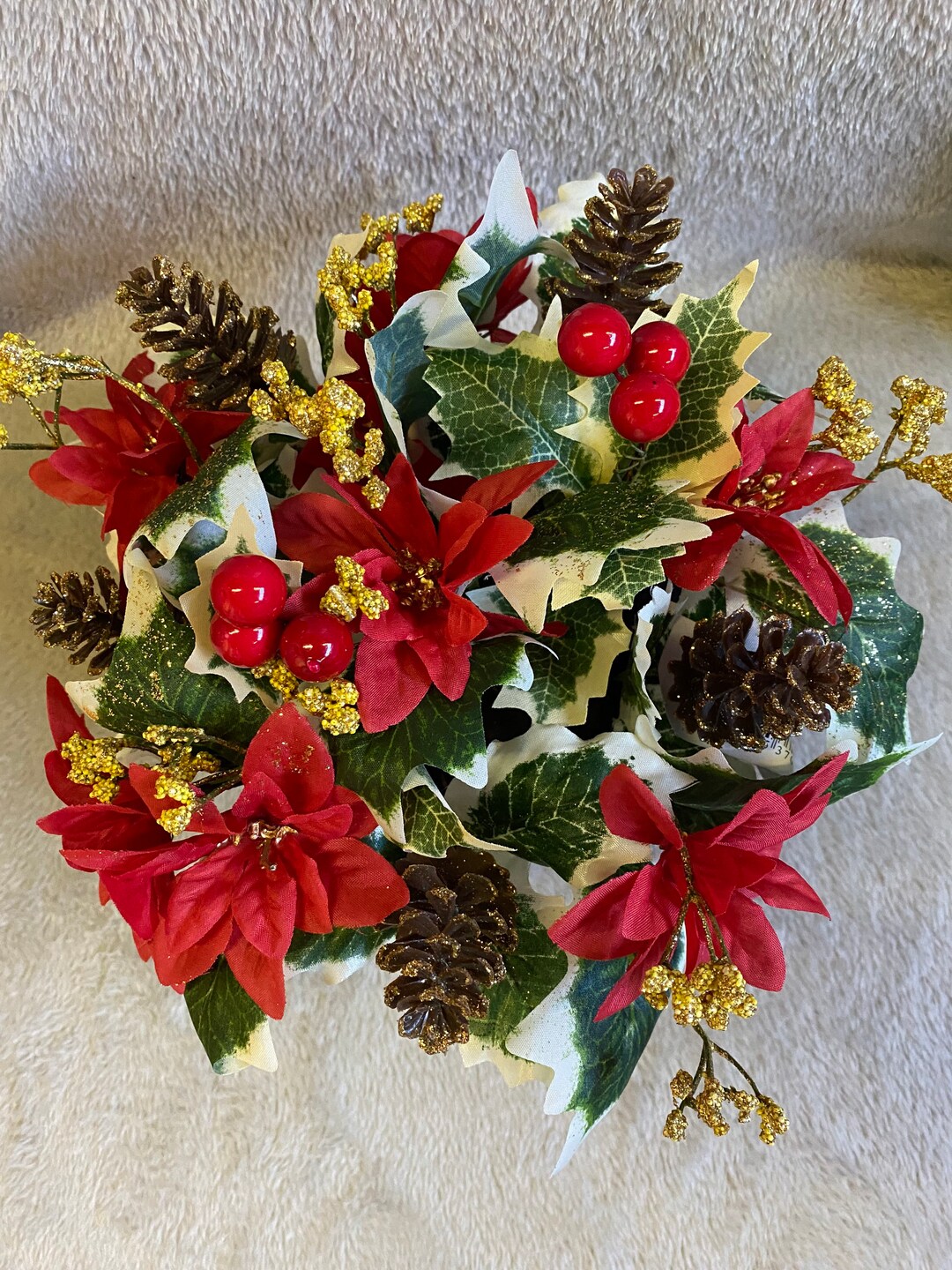 Christmas Grave Pots With Xmas Flowers Poinsettia Roses Holly and Berry