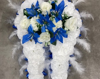 Scottish  Angel wings funeral with Feathers memorial tribute artificial flowers silk flower casket topper son daughter MUM DAD Scotland