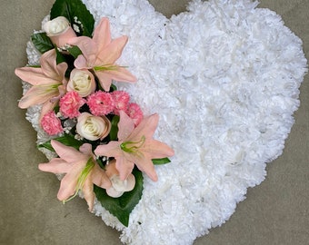 PINK  and WHITE heart funeral memorial tribute artificial flowers silk flower casket topper wreath mum sister nan Aunty