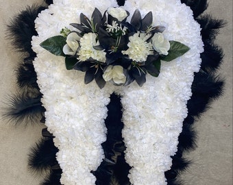 Angel wings funeral with Feathers memorial tribute artificial flowers silk flower casket topper  BLACK & WHITE son daughter sister brother