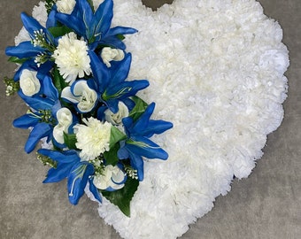 BLUE and OR  WHITE heart funeral memorial tribute artificial flowers silk flower casket topper wreath mum sister daughter  granddaughter