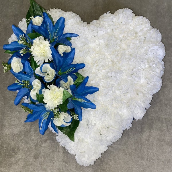 BLUE and OR  WHITE heart funeral memorial tribute artificial flowers silk flower casket topper wreath mum sister daughter  granddaughter