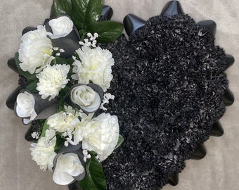 BLACK and WHITE heart funeral memorial tribute artificial flowers silk flower casket topper wreath with roses