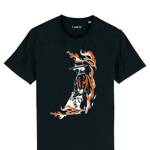 May include: Black t-shirt with a white silhouette of a character with a hat and flames behind them. The character has the word "Ace" written on their arm.